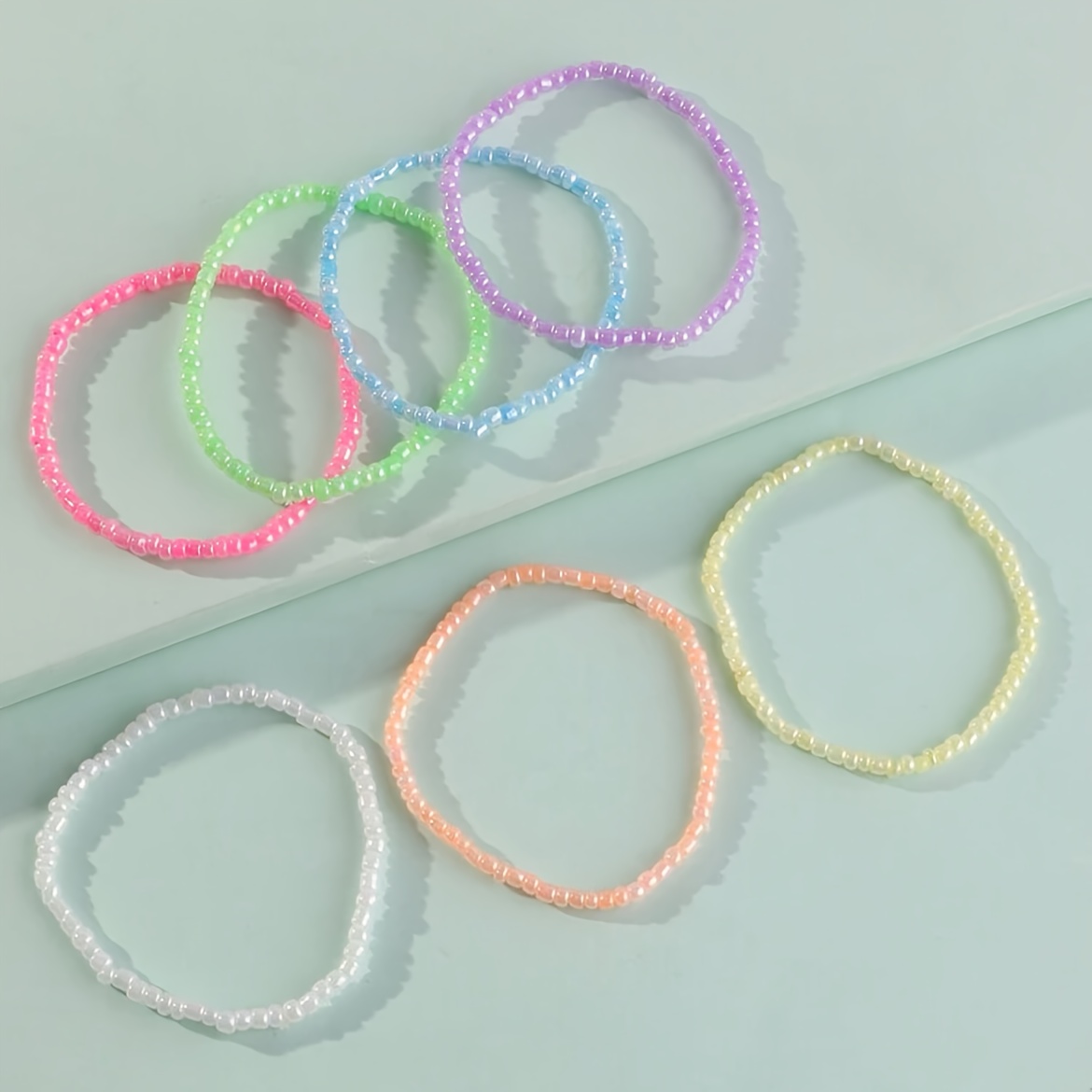 7pc Macaroon Colored Bead Bracelet Set, Everyday Style